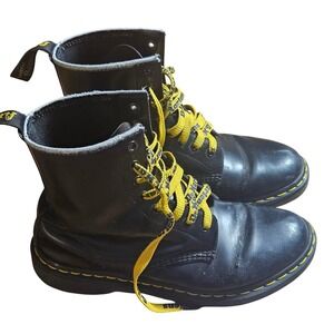 Dr. Martens 1460 Black Smooth Leather 8-Eye Boots Mens Size 10 Yellow Logo Laces
